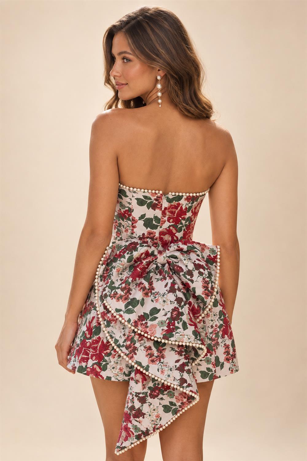 Jacquard A-Line/Princess Strapless Mini Homecoming Dresses with Bow & Pearls (SHI22370329)