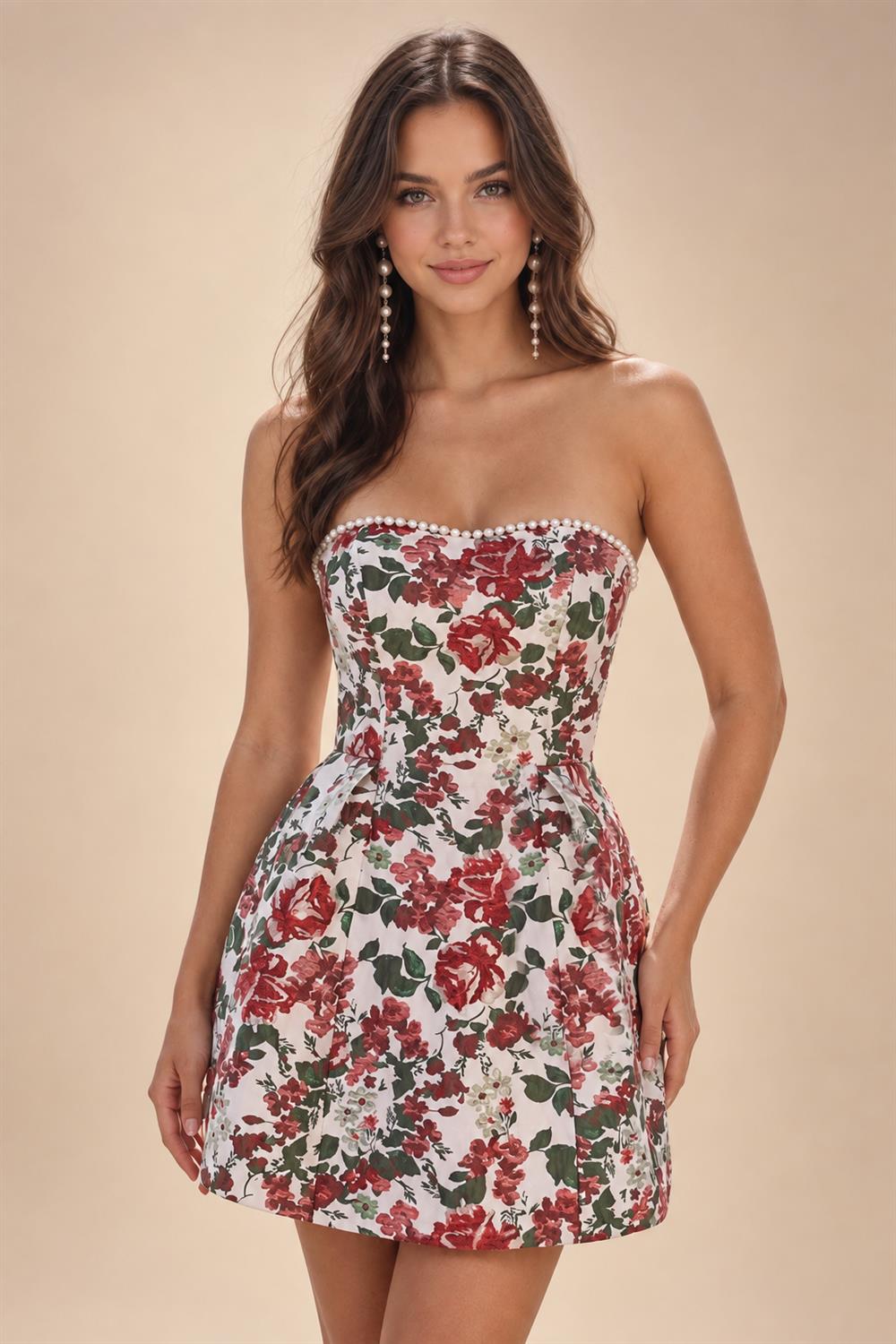 Jacquard A-Line/Princess Strapless Mini Homecoming Dresses with Bow & Pearls (SHI22370329)
