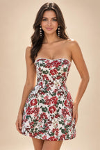 Jacquard A-Line/Princess Strapless Mini Homecoming Dresses with Bow & Pearls (SHI22370329)