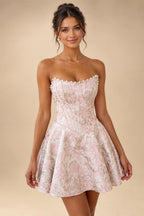 Jacquard A-Line/Princess Strapless Short Homecoming Dresses with Bow & Pearls (SHI22370324)
