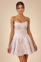 Jacquard A-Line/Princess Strapless Short Homecoming Dresses with Bow & Pearls (SHI22370324)
