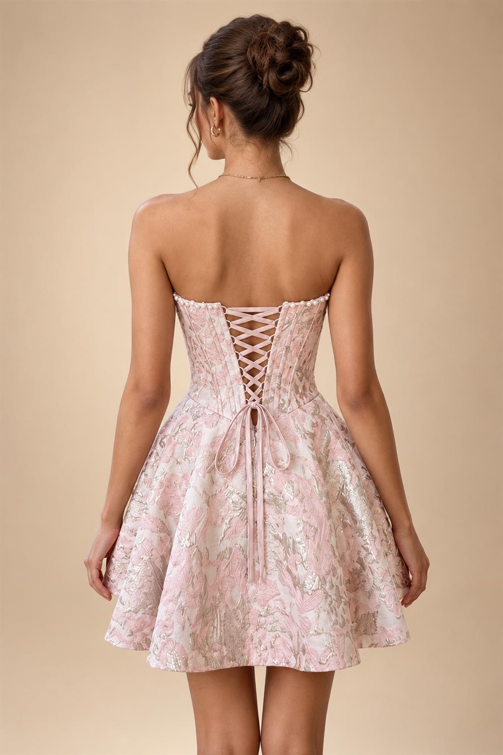 Jacquard A-Line/Princess Strapless Short Homecoming Dresses with Bow & Pearls (SHI22370324)