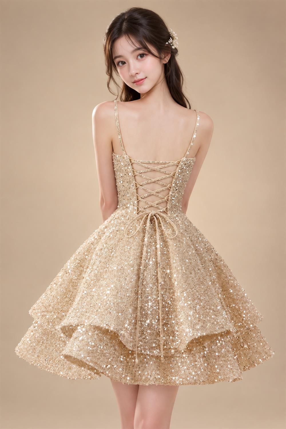 A-Line/Princess Mini Sparkly Sequin Tiered Homecoming Dresses with Spaghetti Straps (SHI22370561)