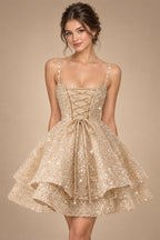 A-Line/Princess Mini Sparkly Sequin Tiered Homecoming Dresses with Spaghetti Straps (SHI22370561)