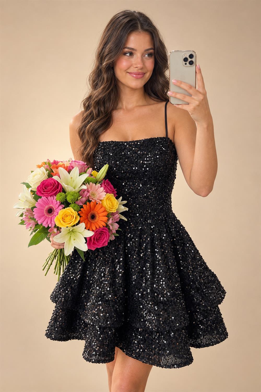 A-Line/Princess Mini Sparkly Sequin Tiered Homecoming Dresses with Spaghetti Straps (SHI22370561)