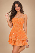 A-Line/Princess Mini Sparkly Sequin Tiered Homecoming Dresses with Spaghetti Straps (SHI22370561)