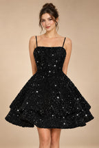A-Line/Princess Mini Sparkly Sequin Tiered Homecoming Dresses with Spaghetti Straps (SHI22370561)