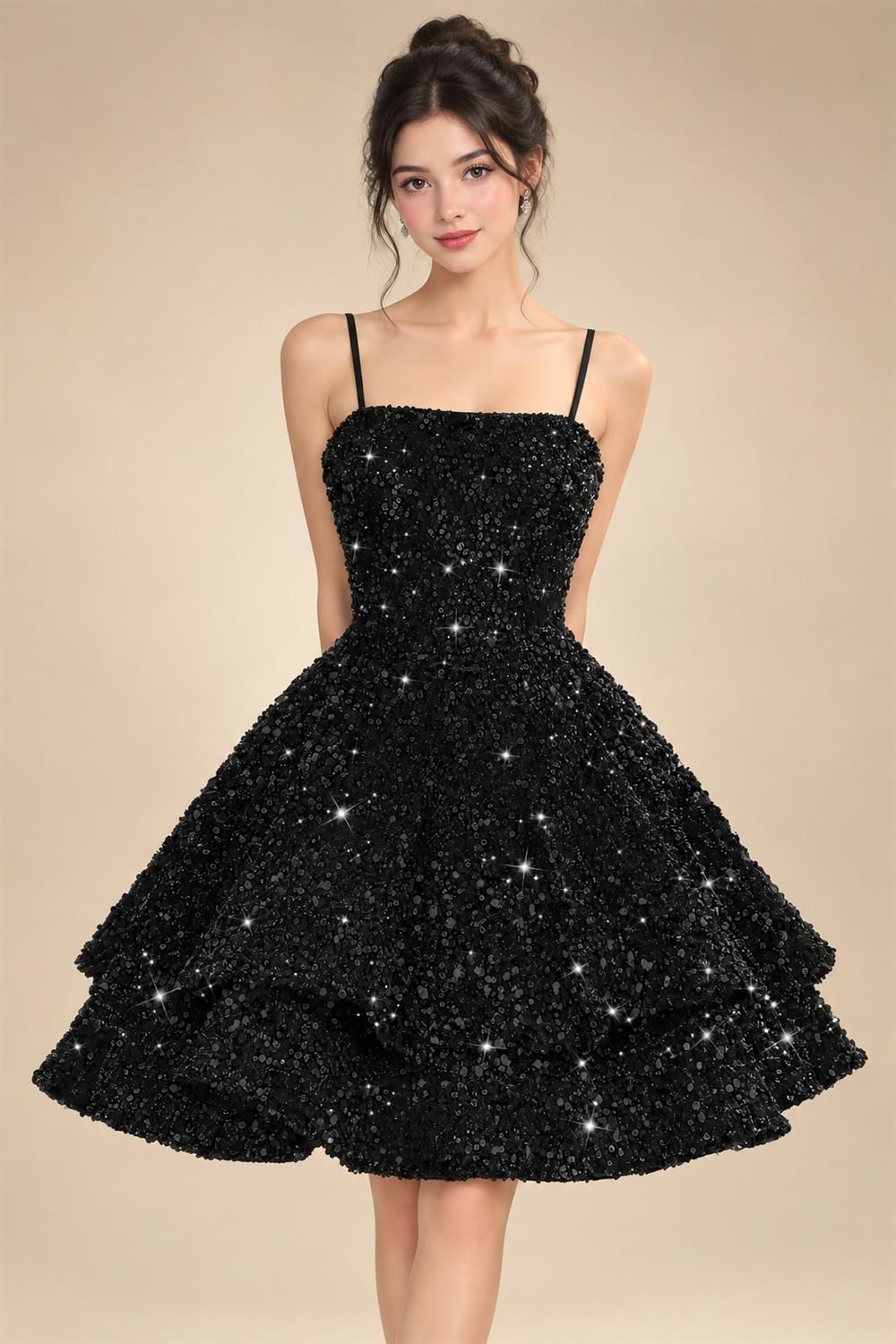 A-Line/Princess Mini Sparkly Sequin Tiered Homecoming Dresses with Spaghetti Straps (SHI22370561)