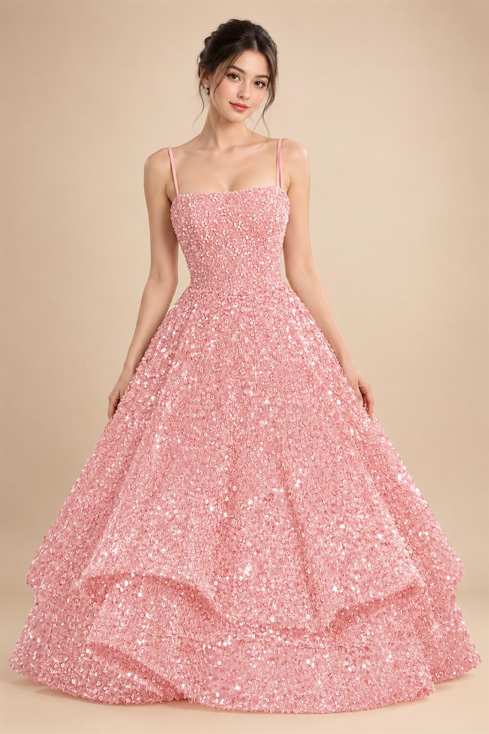 A-Line/Princess Mini Sparkly Sequin Tiered Homecoming Dresses with Spaghetti Straps (SHI22370561)