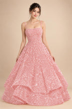 A-Line/Princess Mini Sparkly Sequin Tiered Homecoming Dresses with Spaghetti Straps (SHI22370561)
