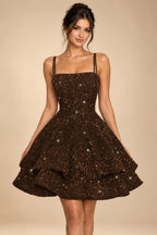 A-Line/Princess Mini Sparkly Sequin Tiered Homecoming Dresses with Spaghetti Straps (SHI22370561)
