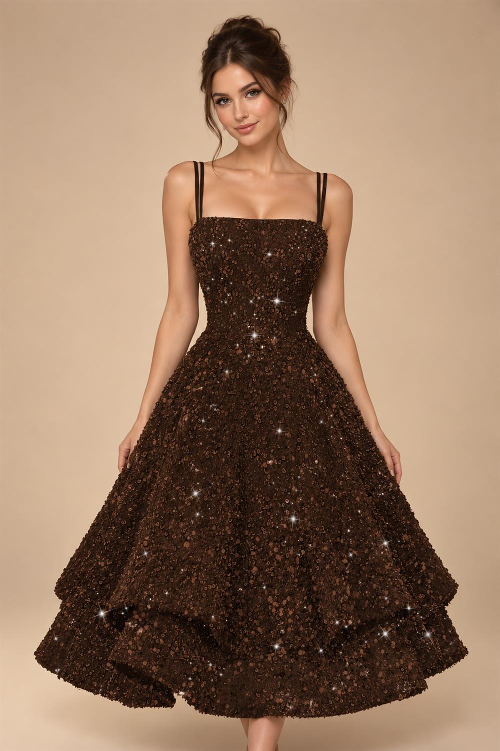 A-Line/Princess Mini Sparkly Sequin Tiered Homecoming Dresses with Spaghetti Straps (SHI22370561)