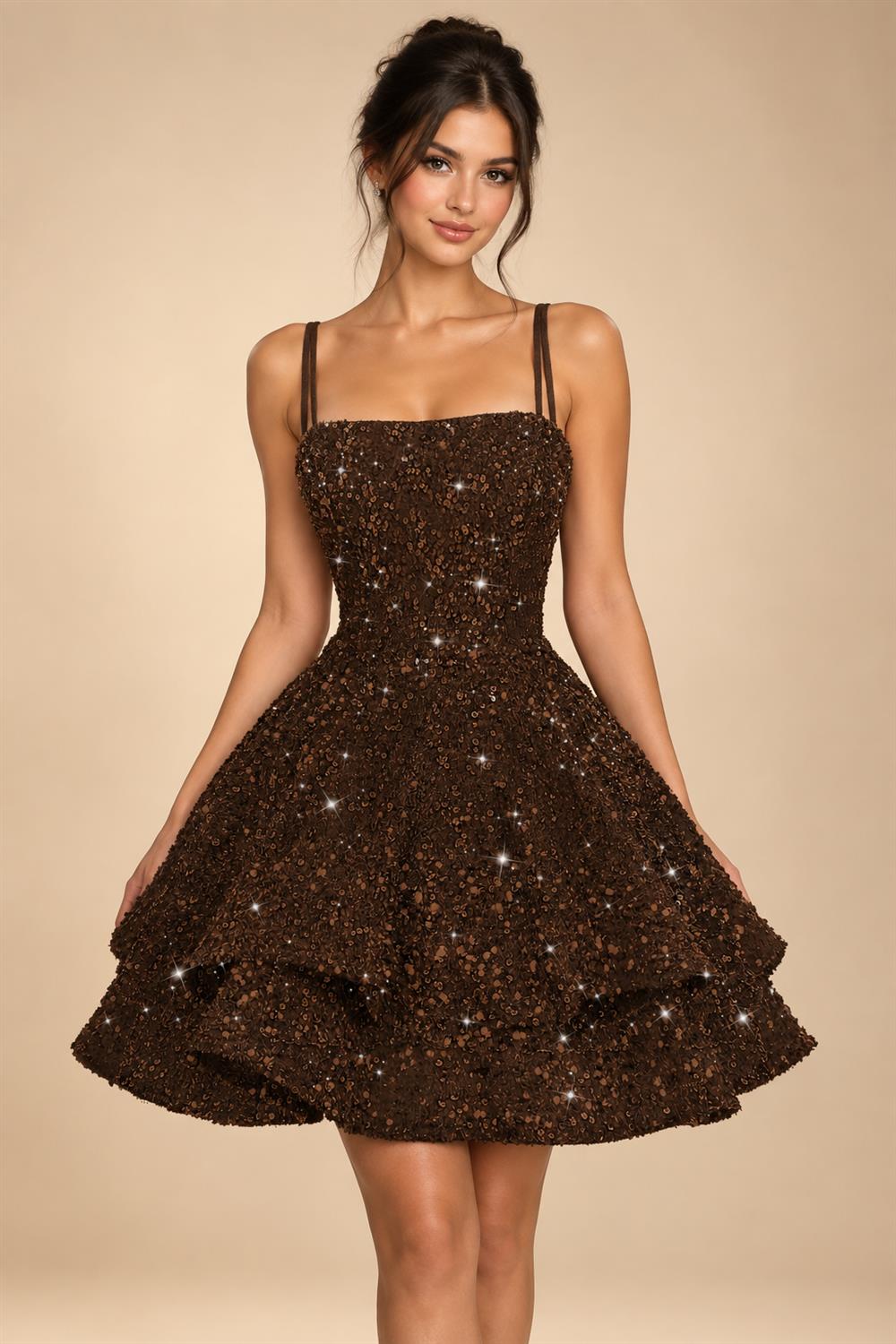 A-Line/Princess Mini Sparkly Sequin Tiered Homecoming Dresses with Spaghetti Straps (SHI22370561)