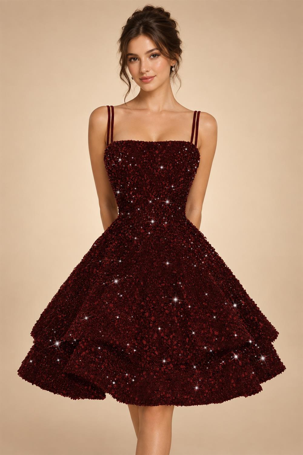 A-Line/Princess Mini Sparkly Sequin Tiered Homecoming Dresses with Spaghetti Straps (SHI22370561)