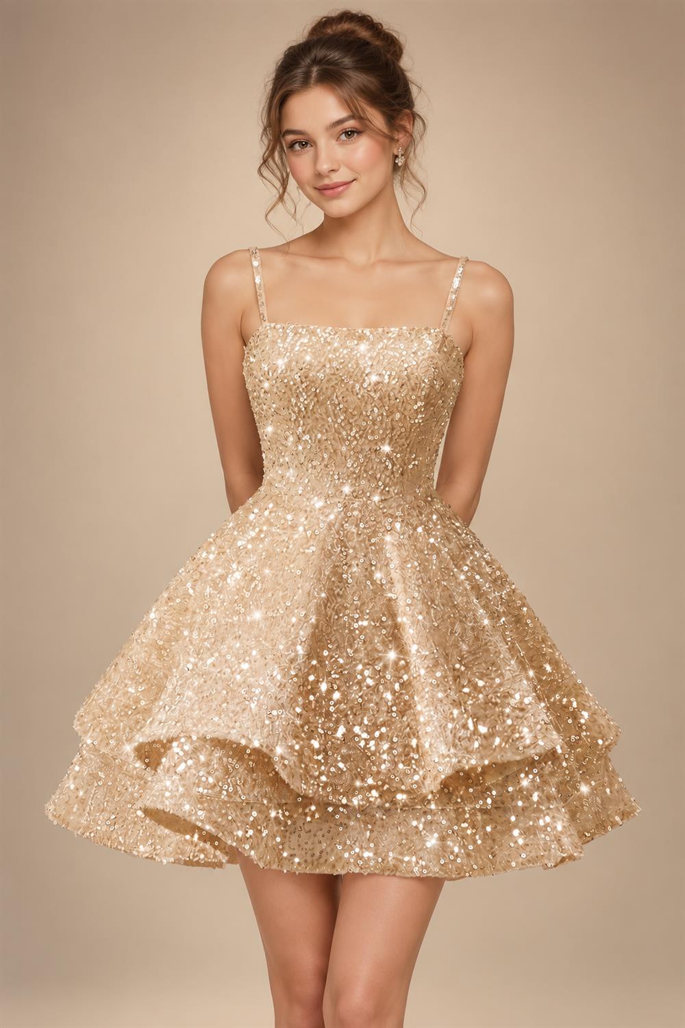 A-Line/Princess Mini Sparkly Sequin Tiered Homecoming Dresses with Spaghetti Straps (SHI22370561)