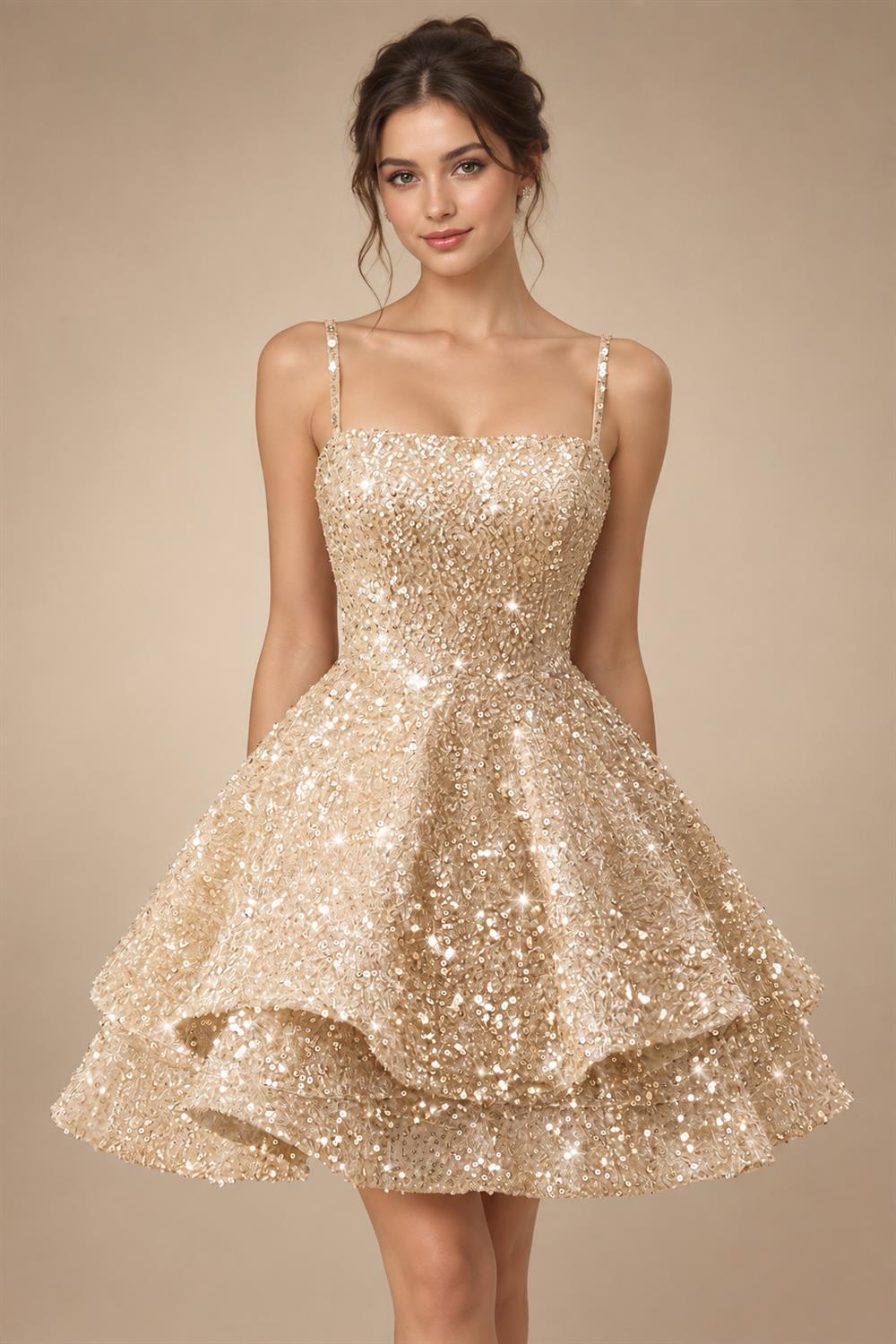 A-Line/Princess Mini Sparkly Sequin Tiered Homecoming Dresses with Spaghetti Straps (SHI22370561)