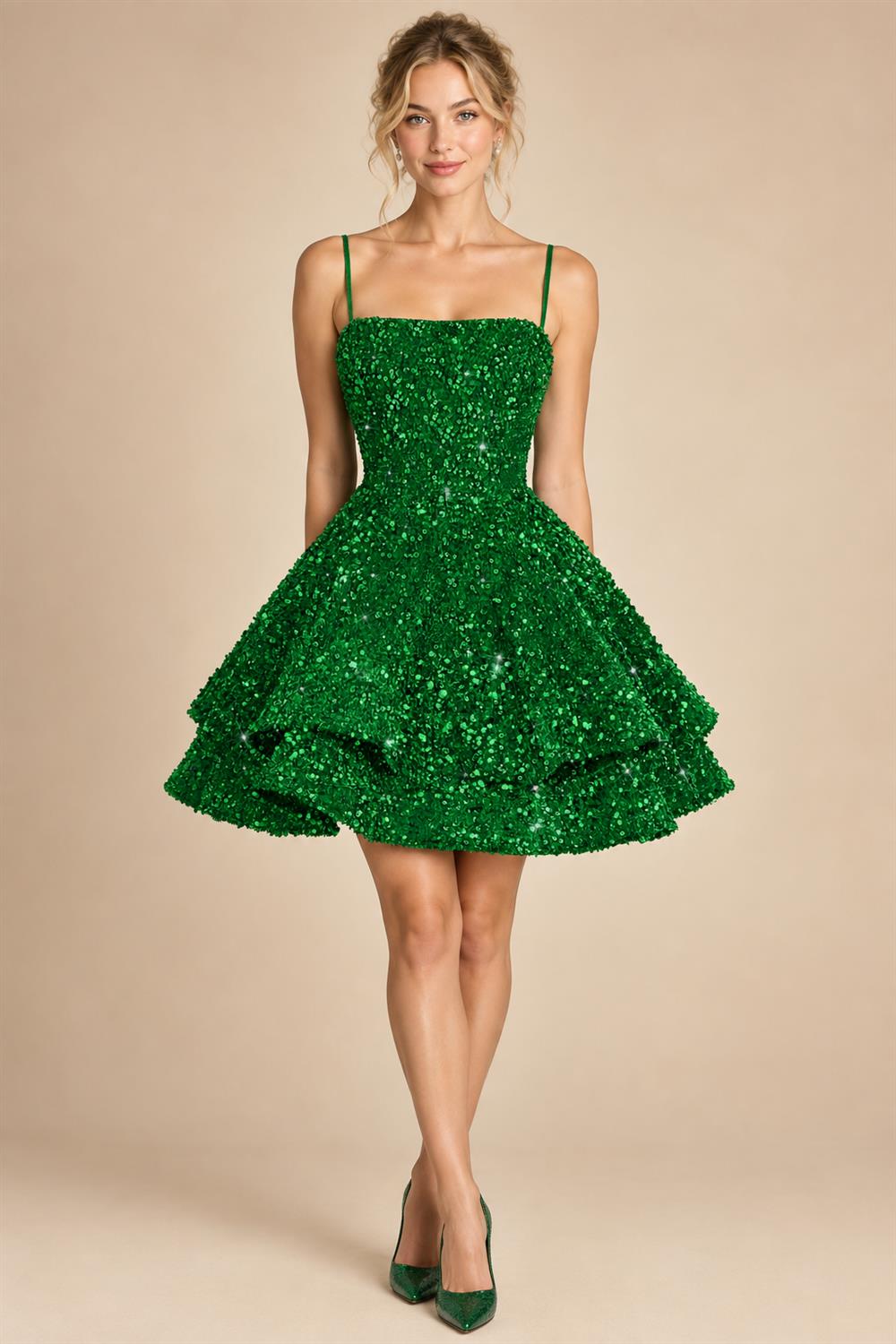 A-Line/Princess Mini Sparkly Sequin Tiered Homecoming Dresses with Spaghetti Straps (SHI22370561)