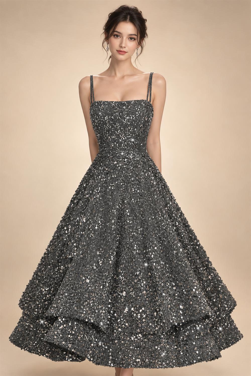 A-Line/Princess Mini Sparkly Sequin Tiered Homecoming Dresses with Spaghetti Straps (SHI22370561)