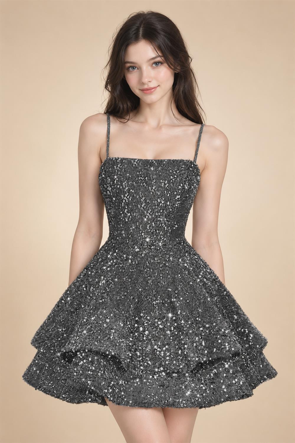 A-Line/Princess Mini Sparkly Sequin Tiered Homecoming Dresses with Spaghetti Straps (SHI22370561)