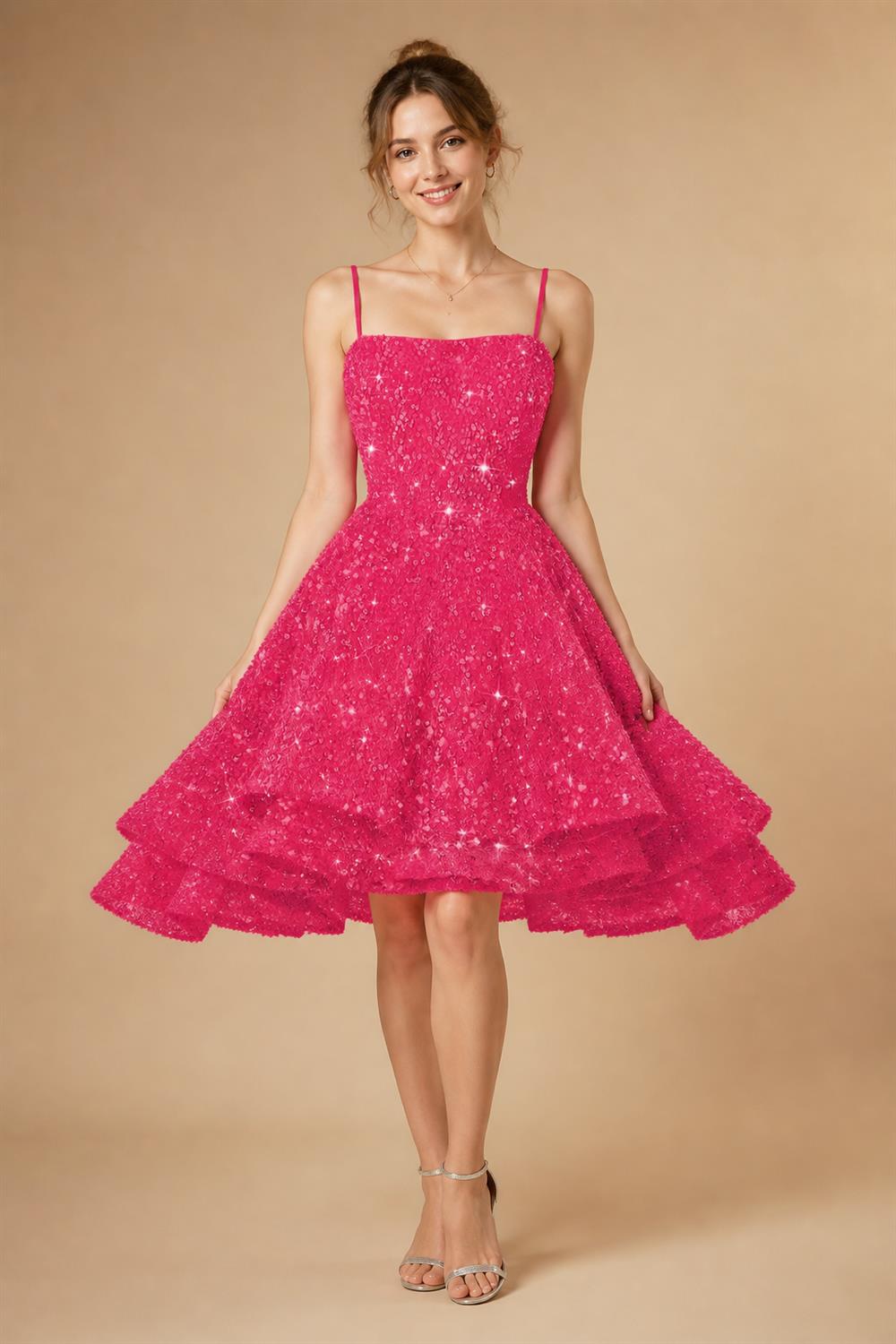 A-Line/Princess Mini Sparkly Sequin Tiered Homecoming Dresses with Spaghetti Straps (SHI22370561)