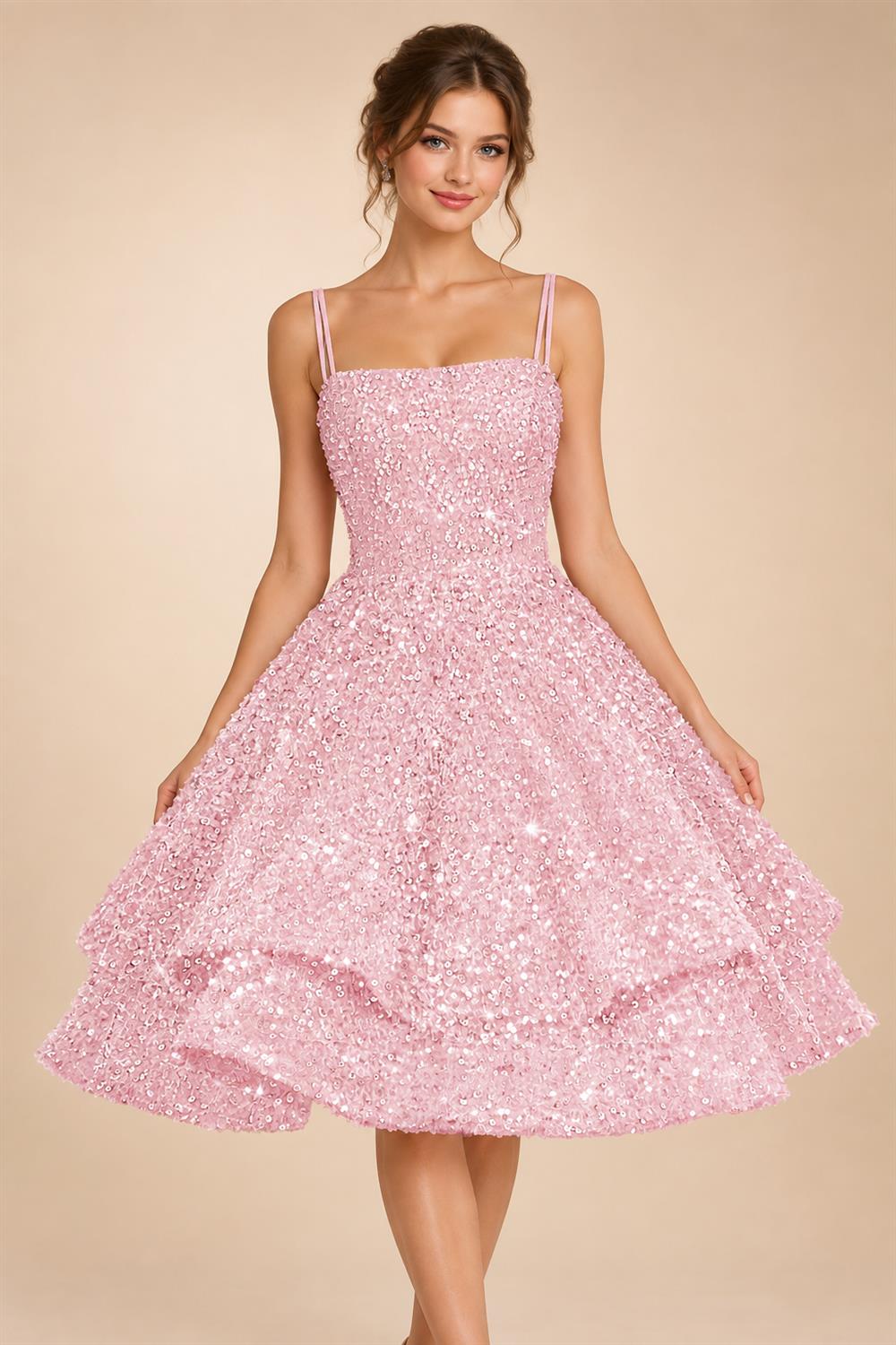 A-Line/Princess Mini Sparkly Sequin Tiered Homecoming Dresses with Spaghetti Straps (SHI22370561)