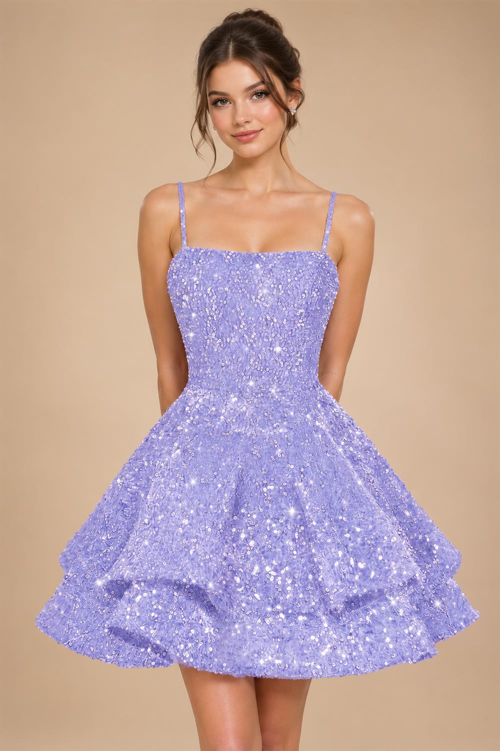 A-Line/Princess Mini Sparkly Sequin Tiered Homecoming Dresses with Spaghetti Straps (SHI22370561)