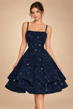 A-Line/Princess Mini Sparkly Sequin Tiered Homecoming Dresses with Spaghetti Straps (SHI22370561)