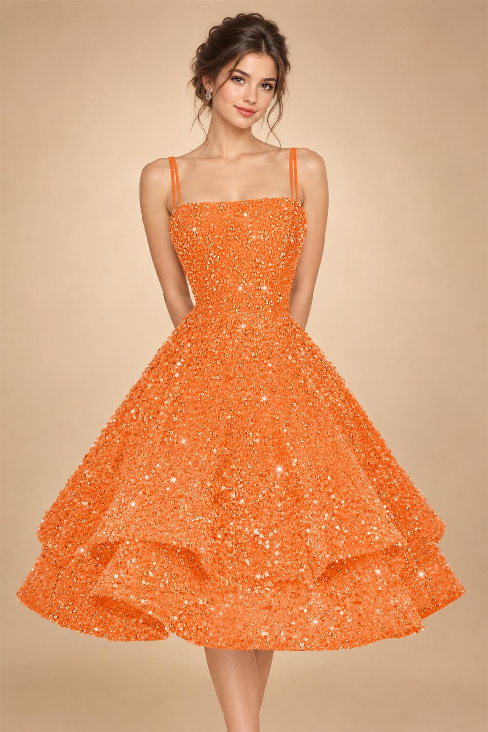 A-Line/Princess Mini Sparkly Sequin Tiered Homecoming Dresses with Spaghetti Straps (SHI22370561)