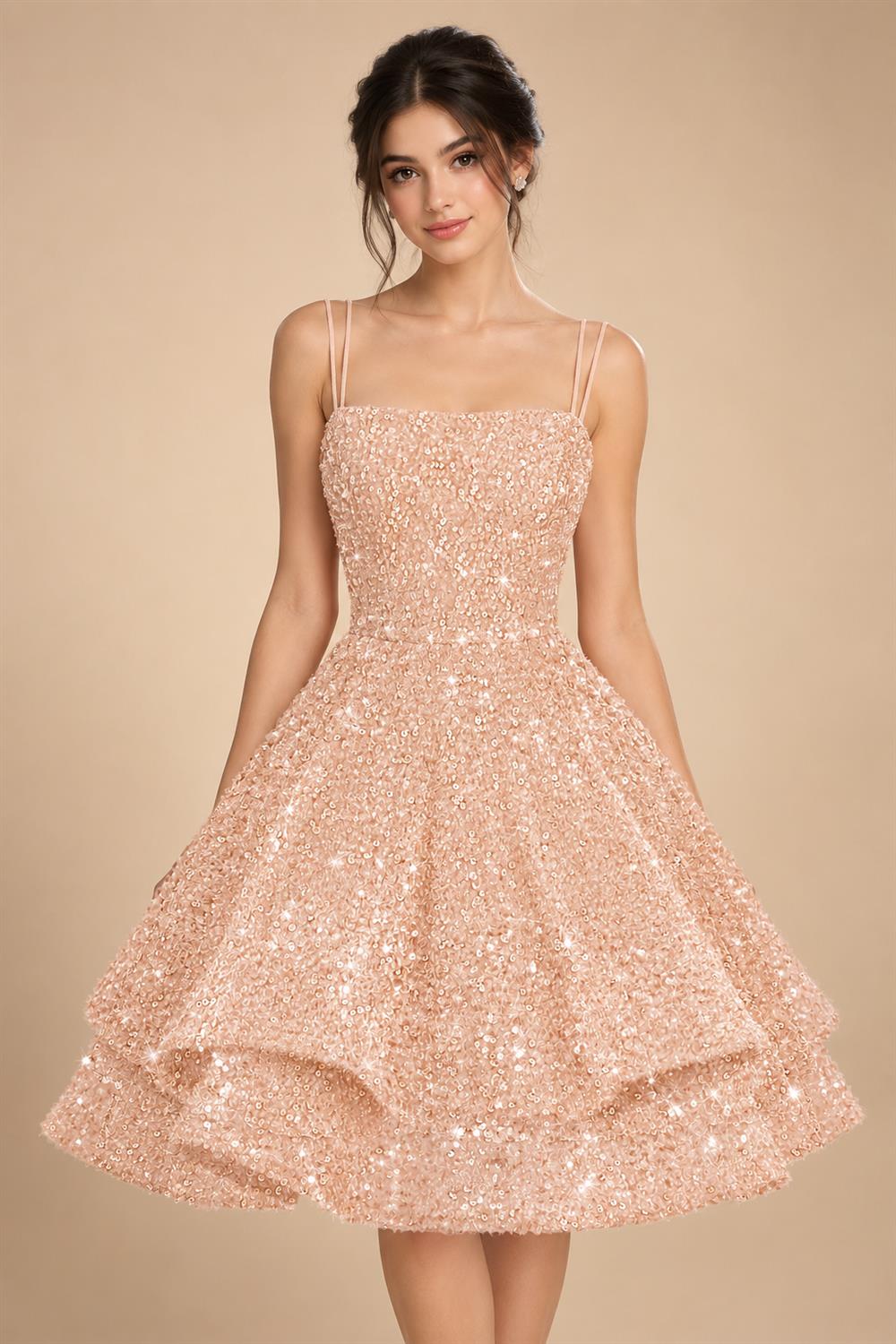 A-Line/Princess Mini Sparkly Sequin Tiered Homecoming Dresses with Spaghetti Straps (SHI22370561)