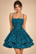 A-Line/Princess Mini Sparkly Sequin Tiered Homecoming Dresses with Spaghetti Straps (SHI22370561)