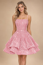 A-Line/Princess Mini Sparkly Sequin Tiered Homecoming Dresses with Spaghetti Straps (SHI22370561)