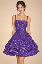 A-Line/Princess Mini Sparkly Sequin Tiered Homecoming Dresses with Spaghetti Straps (SHI22370561)