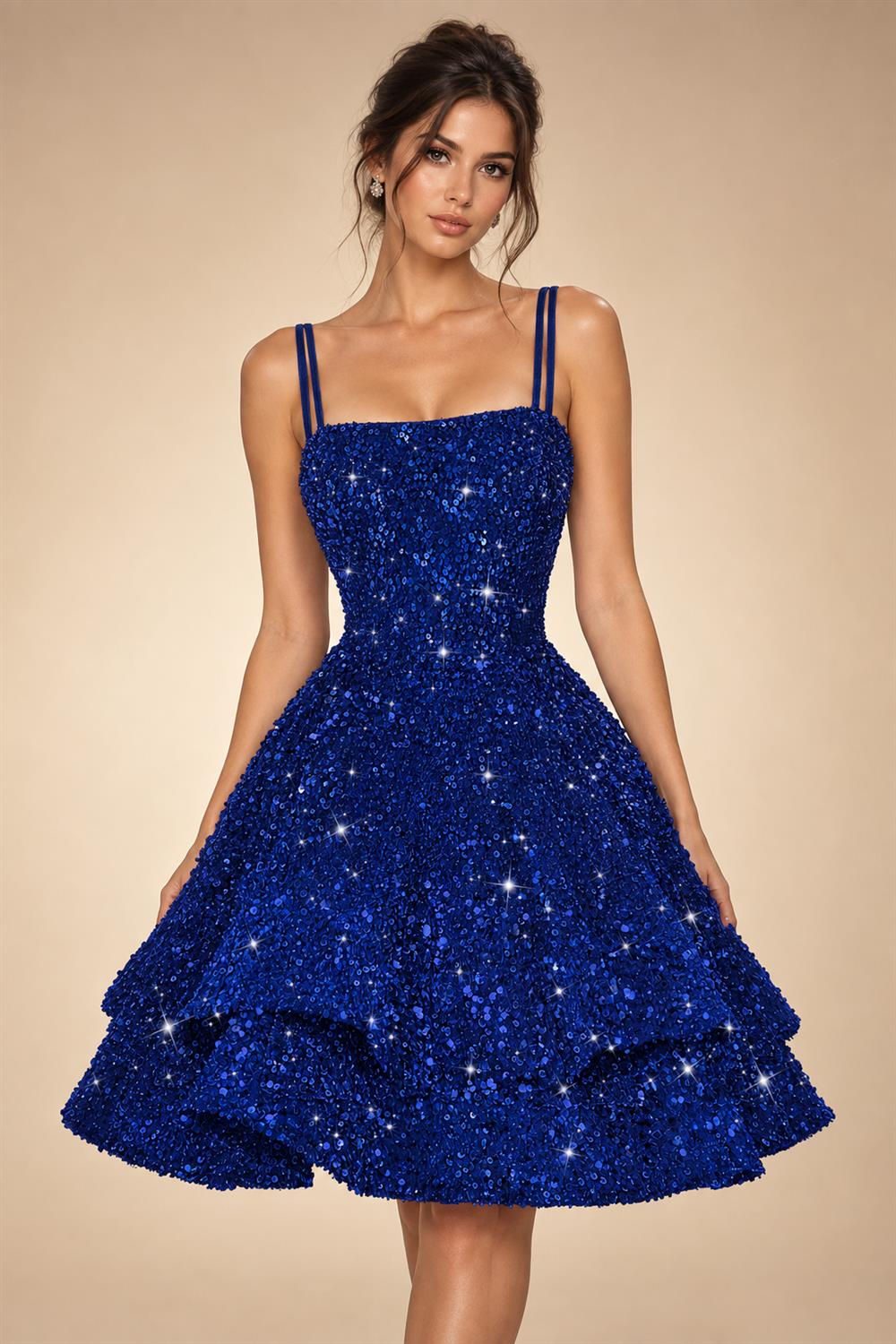 A-Line/Princess Mini Sparkly Sequin Tiered Homecoming Dresses with Spaghetti Straps (SHI22370561)