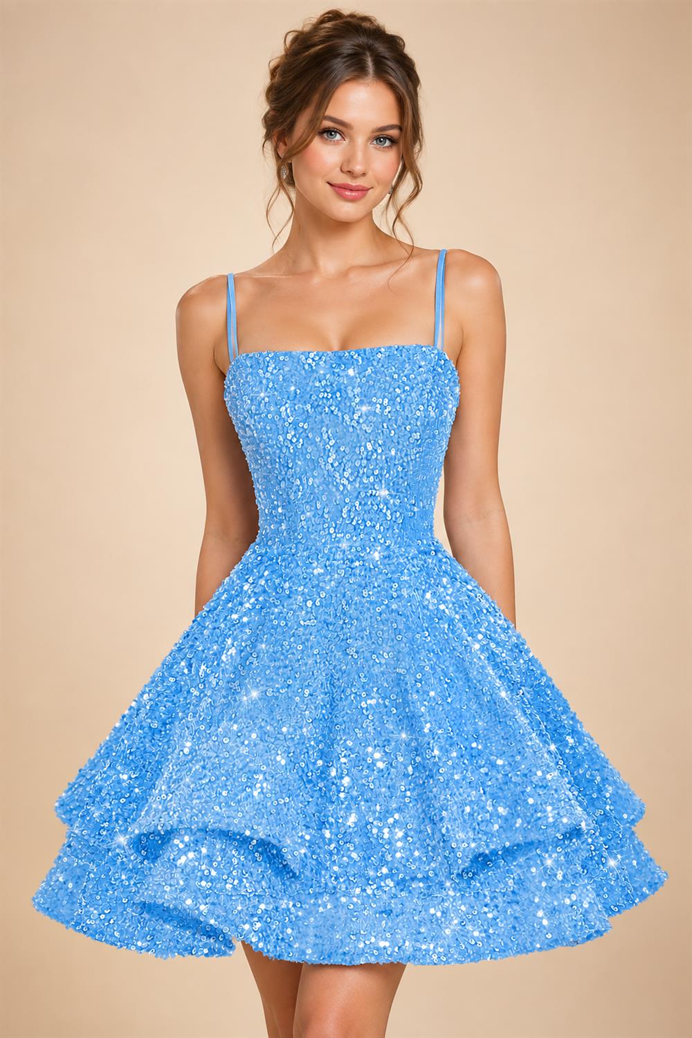 A-Line/Princess Mini Sparkly Sequin Tiered Homecoming Dresses with Spaghetti Straps (SHI22370561)