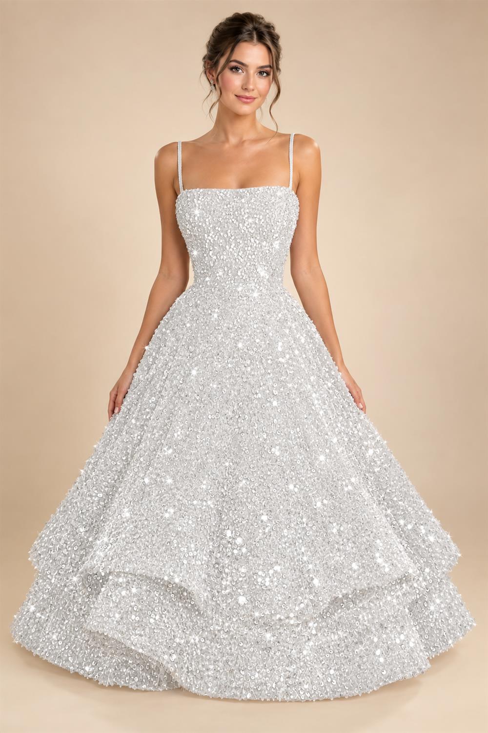 A-Line/Princess Mini Sparkly Sequin Tiered Homecoming Dresses with Spaghetti Straps (SHI22370561)