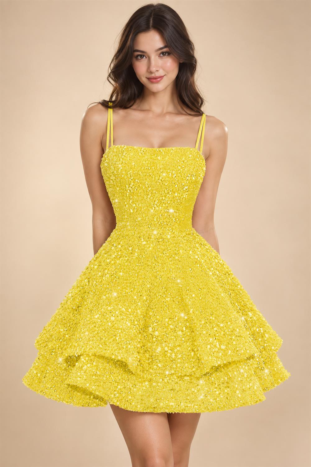 A-Line/Princess Mini Sparkly Sequin Tiered Homecoming Dresses with Spaghetti Straps (SHI22370561)