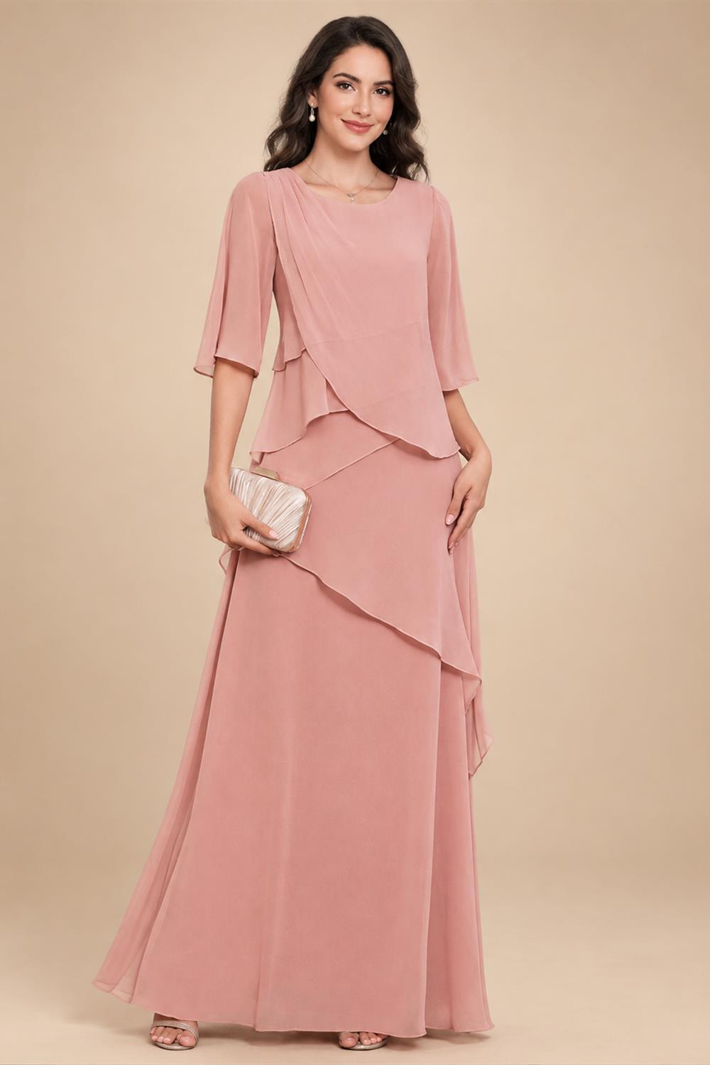 A-Line Floor-Length Chiffon Cape Sleeves Mother of the Bride & Groom Dresses with Tiered Ruffles (SHI22500723)