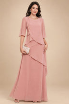 A-Line Floor-Length Chiffon Cape Sleeves Mother of the Bride & Groom Dresses with Tiered Ruffles (SHI22500723)