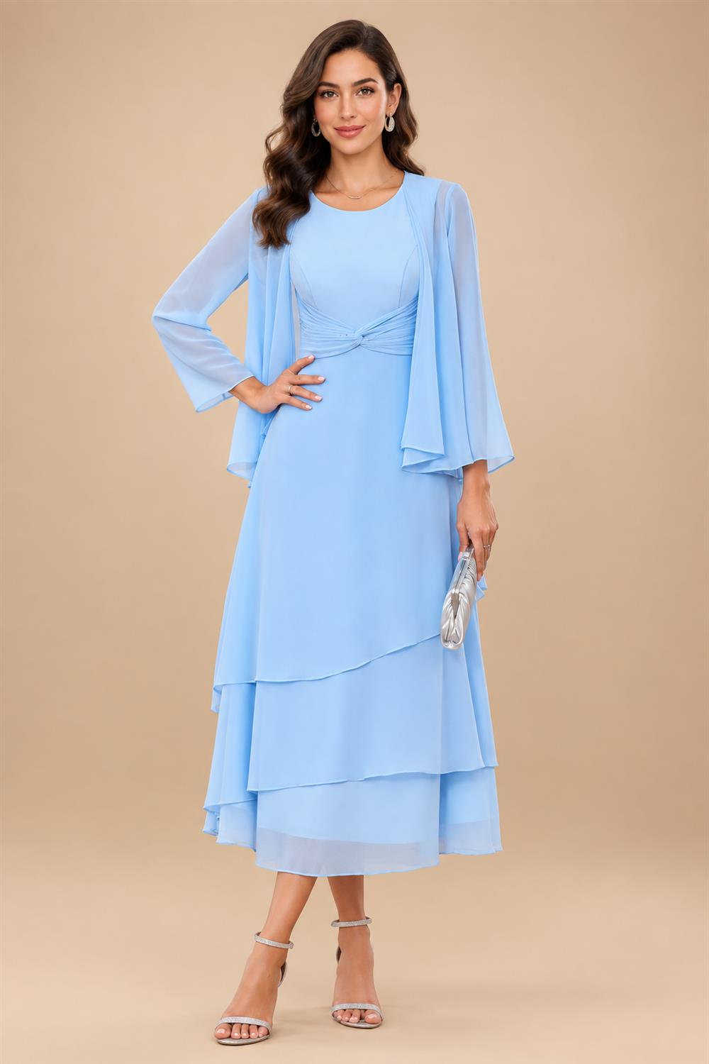A-Line/Princess Pleated Two-Piece Tea-Length Mother of the Bride Dresses with Cascading Ruffles (SHI22500054)