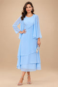 A-Line/Princess Pleated Two-Piece Tea-Length Mother of the Bride Dresses with Cascading Ruffles (SHI22500054)