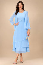 A-Line/Princess Scoop Neck Satin Tea-Length Mother of the Bride Dresses with Pockets (SHI22500122)