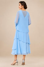 A-Line/Princess Pleated Two-Piece Tea-Length Mother of the Bride Dresses with Cascading Ruffles (SHI22500054)