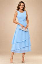 A-Line/Princess Pleated Two-Piece Tea-Length Mother of the Bride Dresses with Cascading Ruffles (SHI22500054)