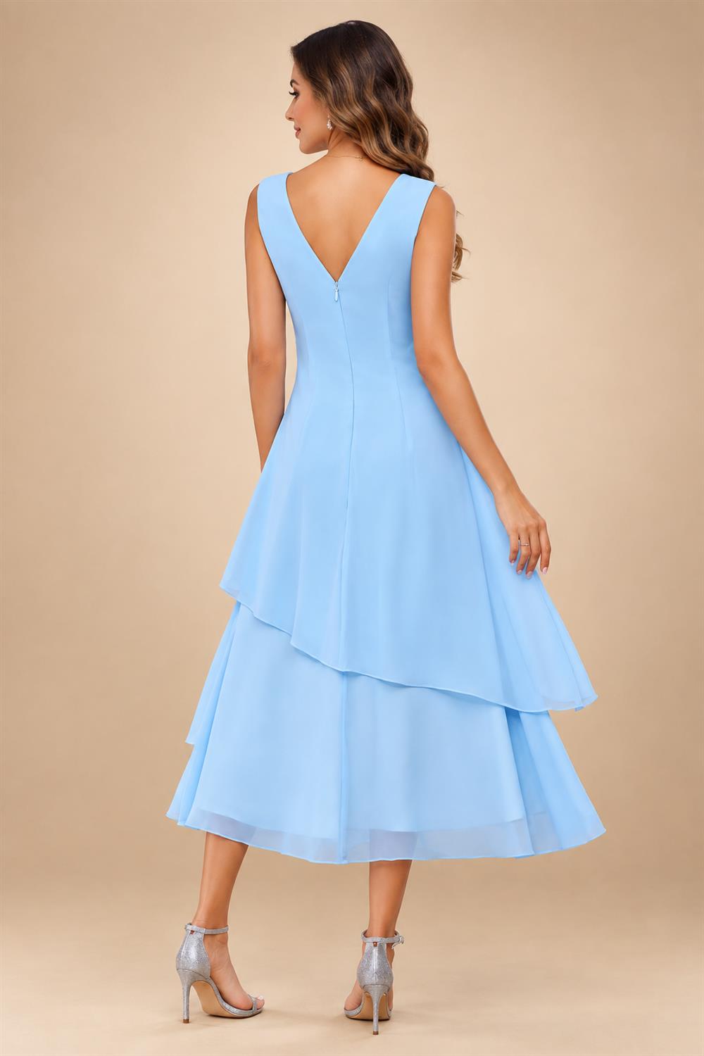A-Line/Princess Pleated Two-Piece Tea-Length Mother of the Bride Dresses with Cascading Ruffles (SHI22500054)