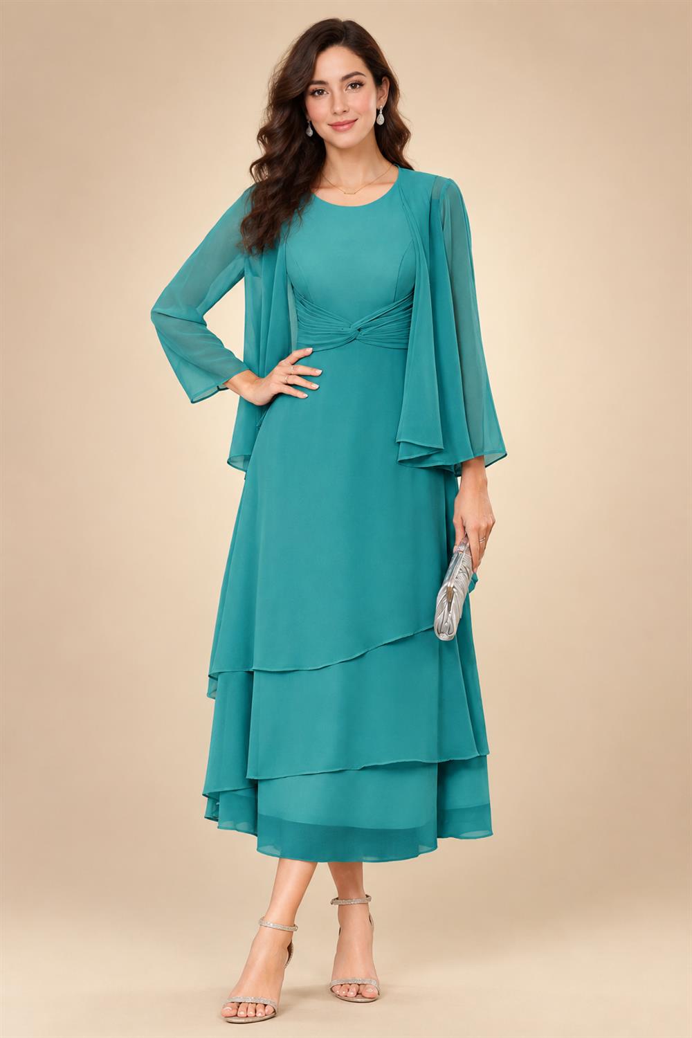 A-Line/Princess Pleated Two-Piece Tea-Length Mother of the Bride Dresses with Cascading Ruffles (SHI22500054)
