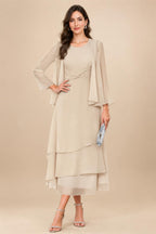 A-Line/Princess Pleated Two-Piece Tea-Length Mother of the Bride Dresses with Cascading Ruffles (SHI22500054)