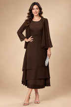 A-Line/Princess Pleated Two-Piece Tea-Length Mother of the Bride Dresses with Cascading Ruffles (SHI22500054)