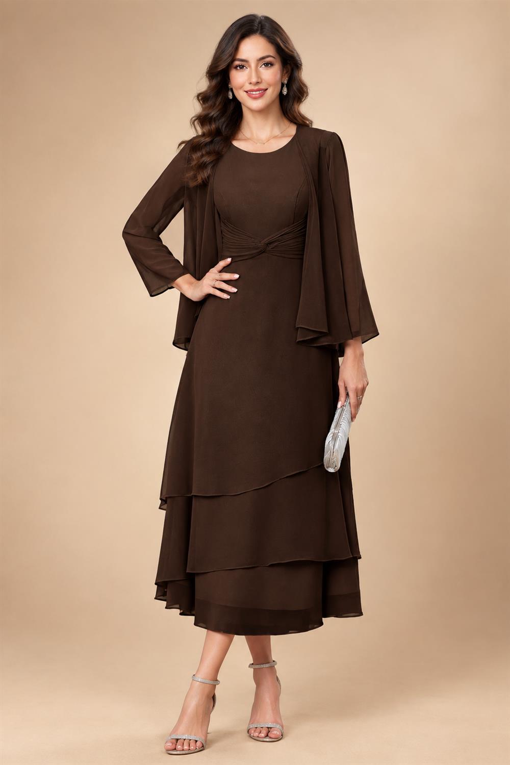 A-Line/Princess Pleated Two-Piece Tea-Length Mother of the Bride Dresses with Cascading Ruffles (SHI22500054)