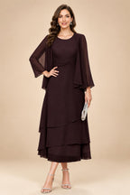 A-Line/Princess Pleated Two-Piece Tea-Length Mother of the Bride Dresses with Cascading Ruffles (SHI22500054)