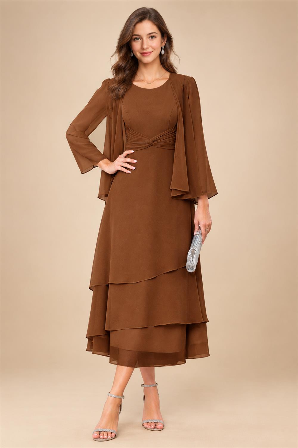 A-Line/Princess Pleated Two-Piece Tea-Length Mother of the Bride Dresses with Cascading Ruffles (SHI22500054)